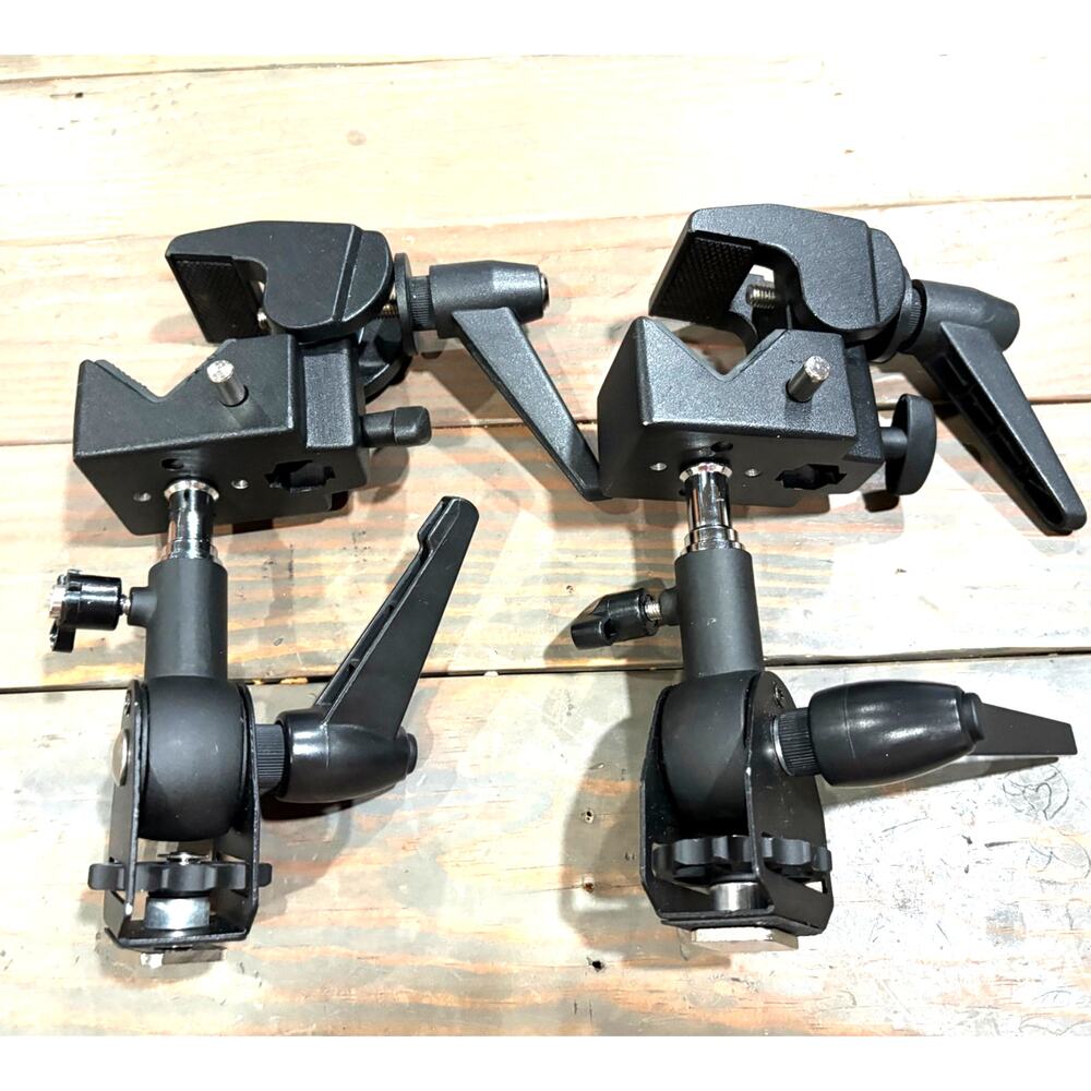 2 camera super clamps w/ ball heads 1/4" -20 3/8" -16 thread adapter studs